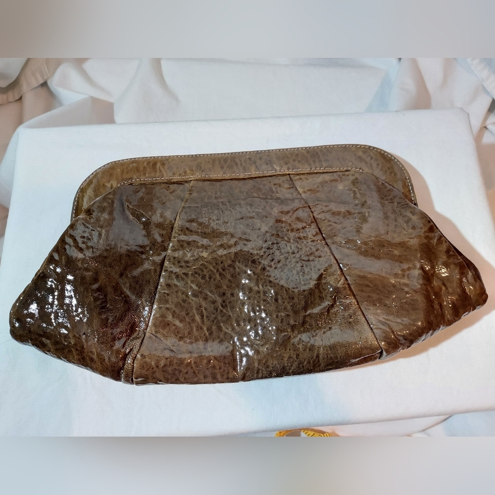 Lauren Merkin "Lotte" Oversized Pleated Patent Leather Clutch - Cocoa Brown - Picture 2 of 9
